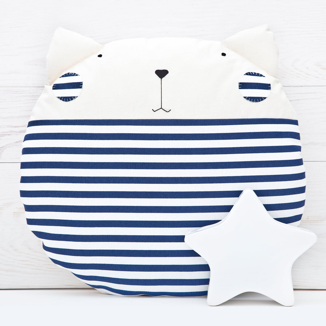 Round Cat Pillow, Blue Nautical Cushion, Nursery Decor