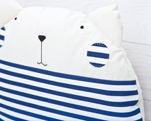 Load image into Gallery viewer, Round Cat Pillow, Blue Nautical Cushion, Nursery Decor - wishMeow