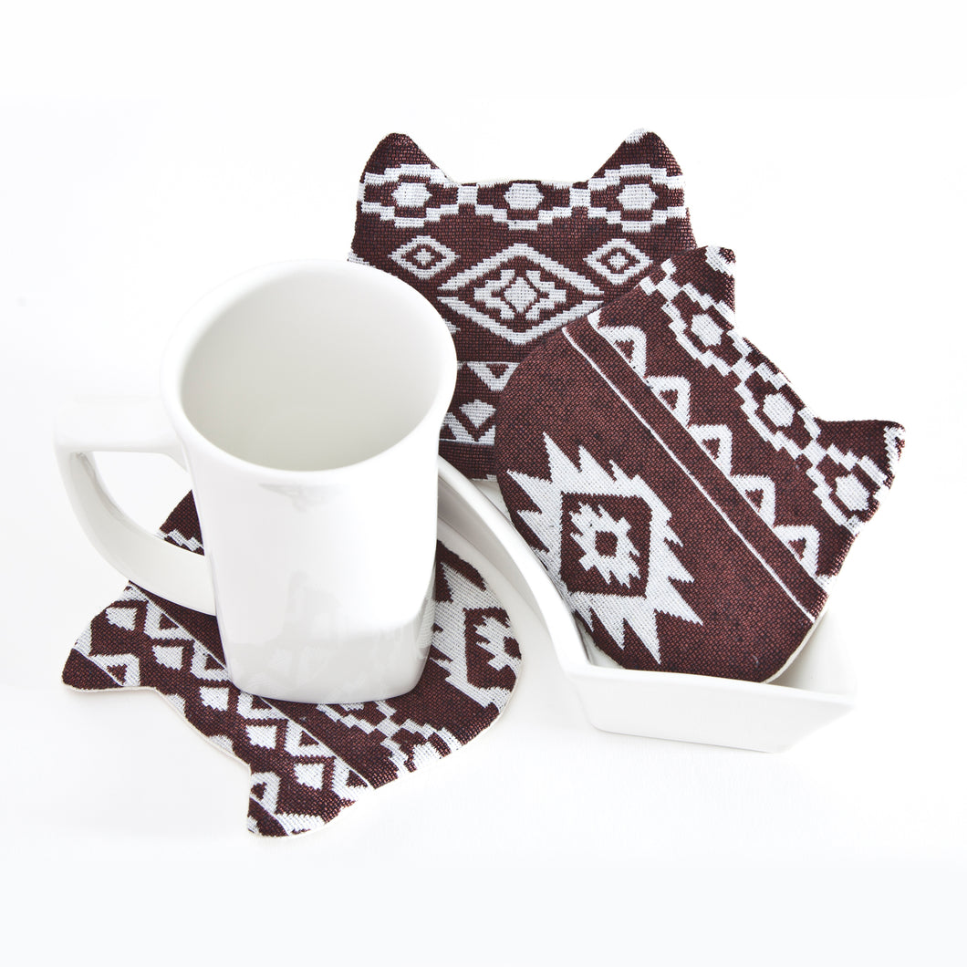 Cat Coasters Set, Cat Lover Gift, Brown Tribal Fabric Absorbent Coasters, Kitchen Accessory, Housewarming Gifts, Tea Mats, Mother Day Gift 
